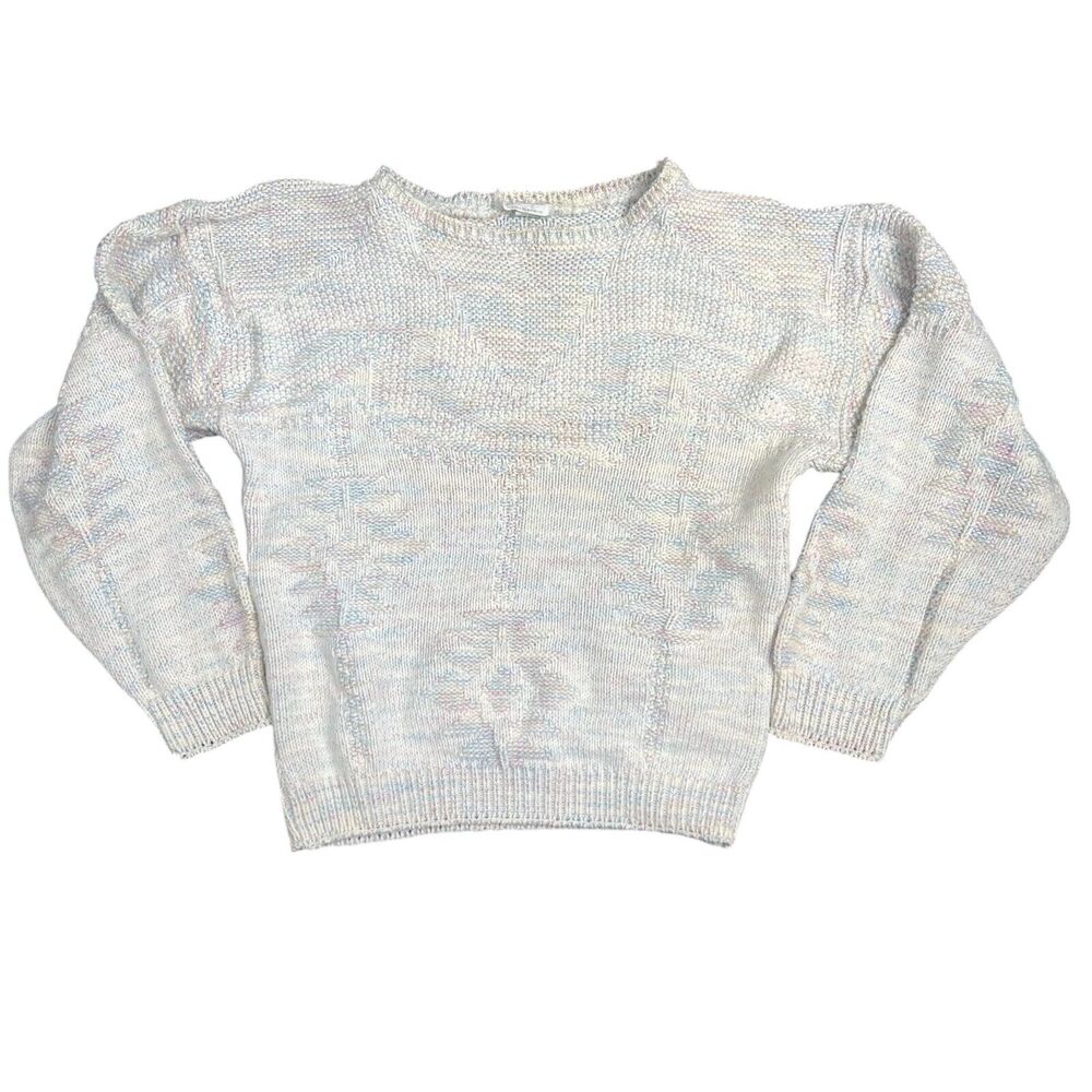 VTG 80s Across America Chunky Knit Women M Sweater Pink Blue Aztec USA Granny